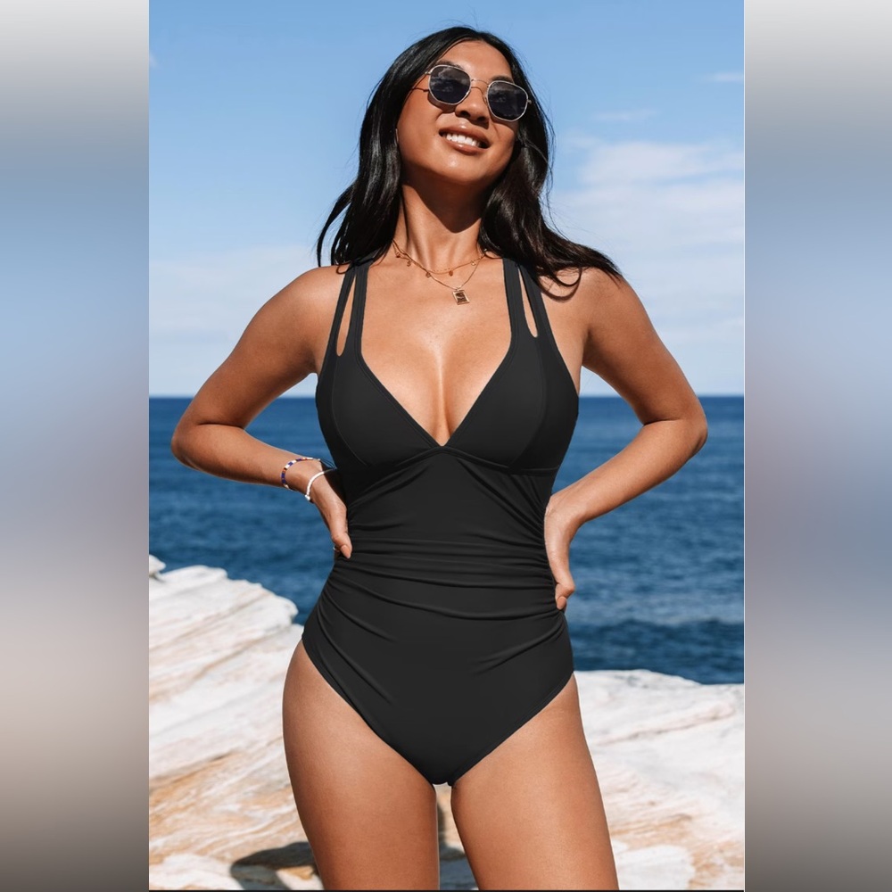 NWT Plunge Paneling Cross Tie Back One Piece Swimsuit